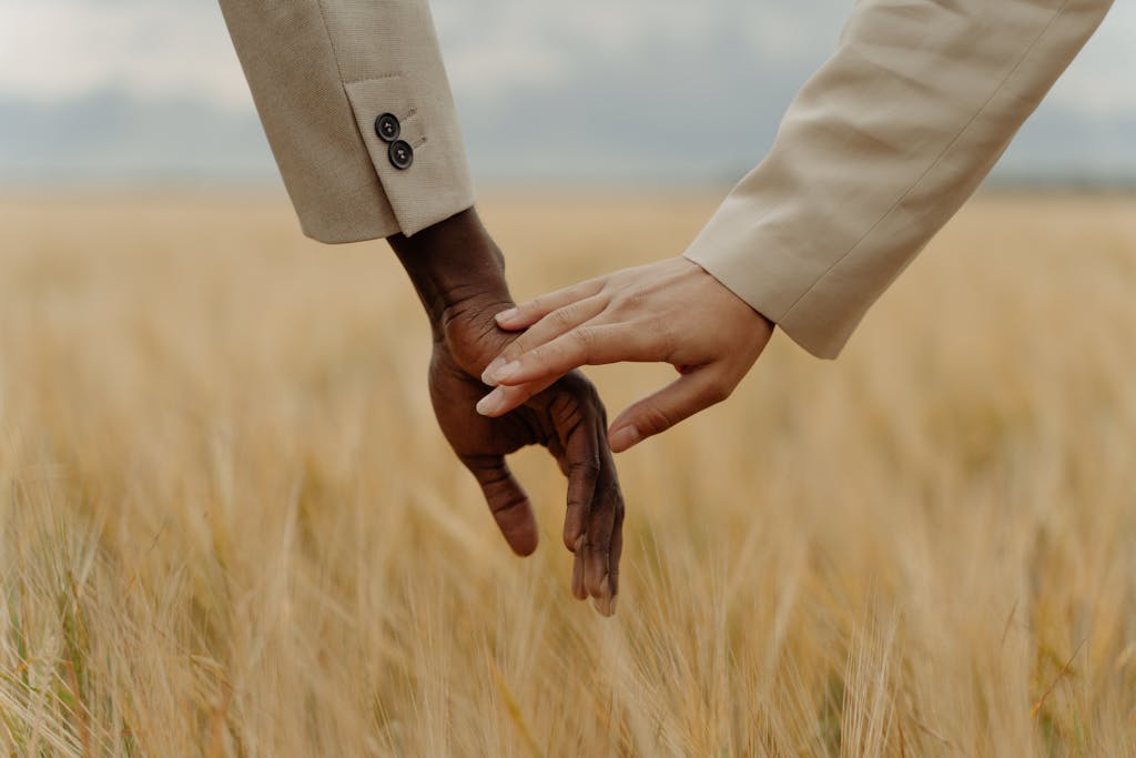 Diverse hands in fall field symbolize unity and connection.